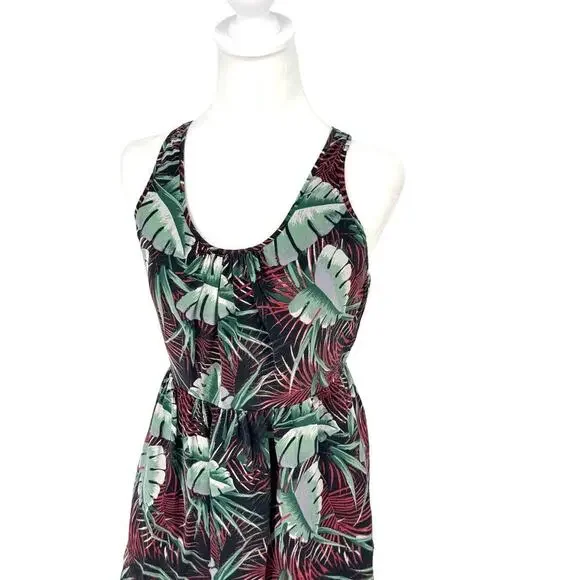 Madewell Silk Tropical Palm Print Racerback Mini Dress Sz 2 Black Green Red Mini - Picture 2 of 10